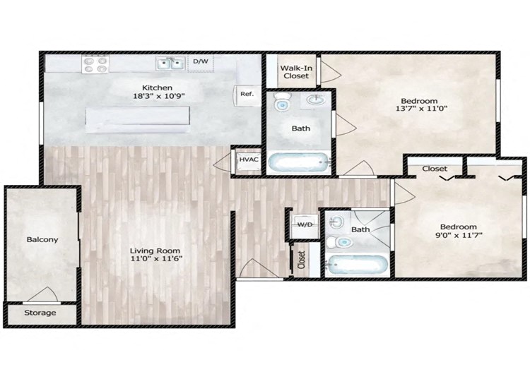 Floor plan for 2 beds, 2 baths, 1100 sqft